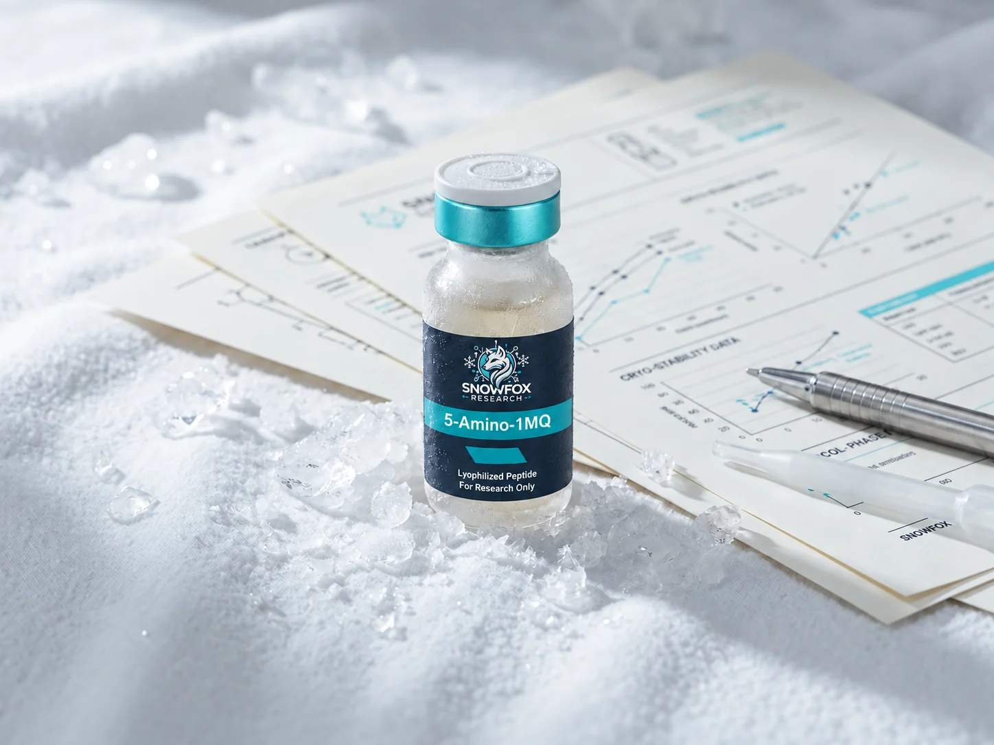 A frosted research vial with a navy and cyan SnowFox Research label, resting on printed technical sheets