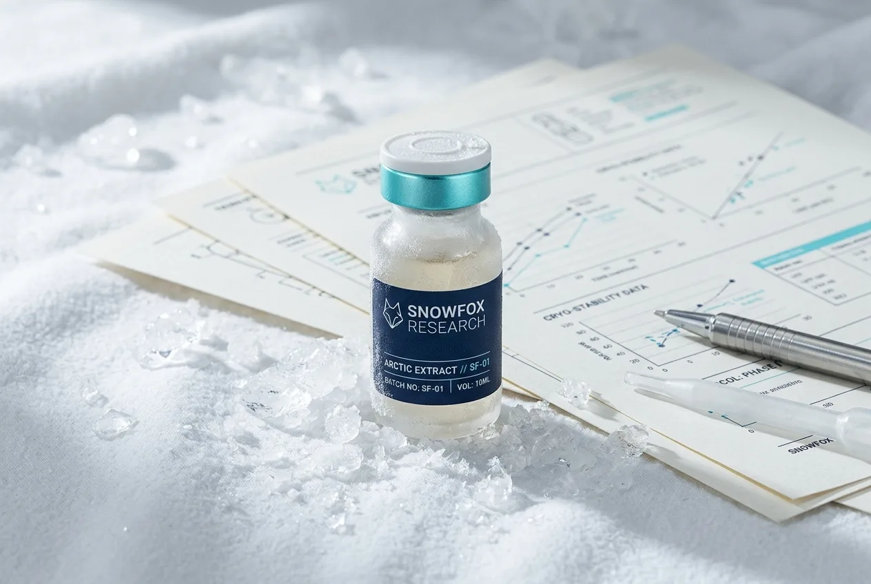 A frosted research vial with a navy and cyan SnowFox Research label, resting on printed technical sheets